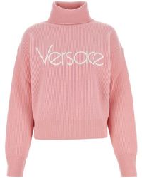 Versace - Logo-embroidered Roll-neck Ribbed Jumper - Lyst