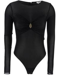 Elisabetta Franchi - Black Crewneck Bodysuit With Knot Detail On The Front And Jewel Embellishment In Viscose Stretch Woman - Lyst
