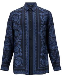Versace - Black And Blue Shirt With All-over Barocco Print In Silk Man - Lyst