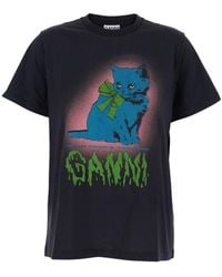 Ganni - Black Crewneck T-shirt With Maxi Logo On The Front In Cotton Jersey Woman - Lyst