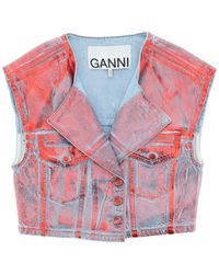 Ganni - Cropped Vest In Laminated Denim - Lyst