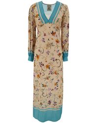 Semicouture - 'giovanna' Long Light Blue And Beige Dress With Floreal Print In Viscose Woman - Lyst