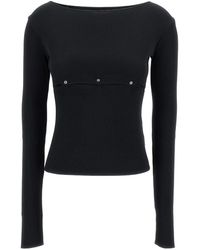 Low Classic - Black Ribbed Top With Boat Neckline And Buttons In Rayon Blend Woman - Lyst