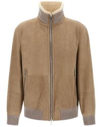 Brunello Cucinelli - Suede And Sherling Curly Bomber Jacket Puffer Jackets - Lyst