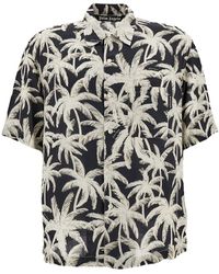 Palm Angels - Black And White Short Sleeve Shirt With All-over Palm Print In Viscose Man - Lyst