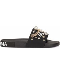 Black Mens Shoes Sandals slides and flip flops Dolce & Gabbana Rubber Beachwear Sliders With Dolce&gabbana Milano And Crown in Black/White for Men 