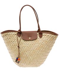 Longchamp - 'xl Le Panier' Beige Tote Bag With Beads Strap In Straw Woman - Lyst
