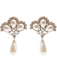 Alessandra Rich - Silver-colored Clip-on Crystal Earrings With Pendant Pearl In Hypoallergenic Brass Woman - Lyst