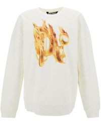 Palm Angels - White Crewneck Sweatshirt With Burning Logo Print In Cotton Man - Lyst