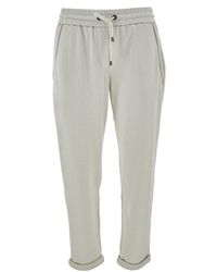 Brunello Cucinelli - Beige Pants With Drawstring And Monile Detail In Cotton And Silk Blend - Lyst