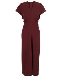Plain - Bordeaux Dress With V Neck And Short Sleeves - Lyst