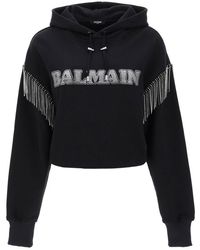 Balmain - Cropped Hoodie With Rhinestone-studded Logo And Crystal Cupchains - Lyst