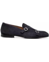 Doucal's Men's Black Leather Loafers With Buckles - Blue