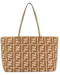 Fendi Embroidered Straw Small Roll Shopping Bag in Metallic