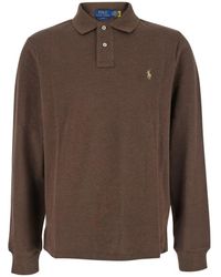 Polo Ralph Lauren - "slim Fit" Brown Polo Shirt With Long Sleeves And Pony Embroidery On The Front In Cotton Man - Lyst