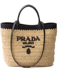 Prada - Small Crochet And Leather Tote Bags - Lyst