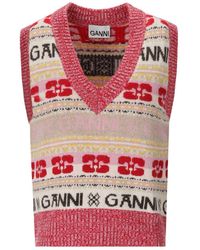 Ganni - Striped Logo-intarsia Wool-blend Vest - Lyst