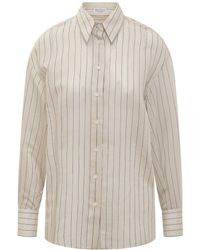 Brunello Cucinelli - Cotton And Silk Sparkling Stripe Poplin Shirt With Monile - Lyst