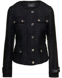 Versace - Black Lurex Jacket With 'medusa' Silver-tone Hardware In Wool Blend Woman - Lyst