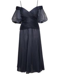 Zimmermann - Black Off-shoulder Pleated Midi Dress In Black Chiffon Woman - Lyst