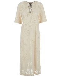 Semicouture - Long Dress With Deep V-Neck And Lace Details - Lyst