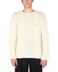 Maison Margiela Raw Wool Destroyed Sweater With Wide Weft - White