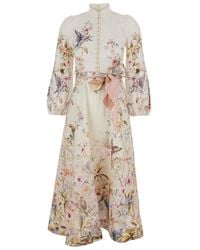 Zimmermann - 'Rebellion' Midi Dress With Bow Detail On The Front And All-Over Floral Print - Lyst