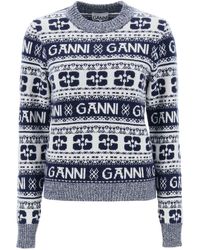 Ganni - Jacquard Wool Sweater With Logo Pattern - Lyst