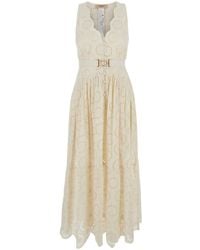 Twinset - Long Dress With V-Neck And Waist Belt With Metallic Logo Plaque - Lyst