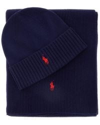 Polo Ralph Lauren - Scarf And Beanie Set With Pony Embroidery On The Front - Lyst