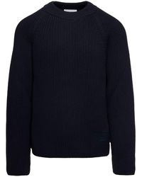Ami Paris - Dark Blue Crewneck Ribbed Sweater With Tonal Logo Patch In Wool And Cotton Man - Lyst