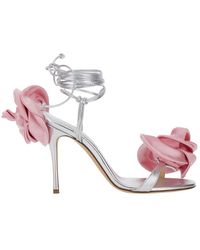 Magda Butrym - Silver Strappy Sandals With 3d Flower In Silk Blend Woman - Lyst