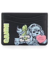 Ganni - Black Card Holder With Graphic Print On The Front In Leather Blend Woman - Lyst