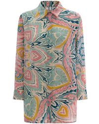 Etro - Light Blue Shirt With Multicolored Graphic Printed Pattern All-over In Silk Woman - Lyst