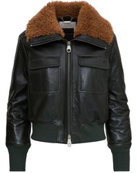 Chloé Leather Aviator Jacket With Shearling Collar - Black