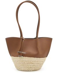 Tod's - T Timeless-Charm Raffia And Leather Small Tote Bags - Lyst