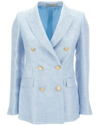 Tagliatore - Light Blue Double-breasted Jacket With Golden Buttons In Linen Blend Woman - Lyst