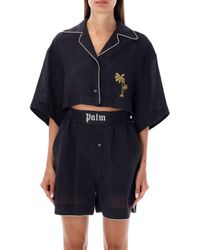 Palm Angels - Cropped Linen Bowling Shirt - Lyst