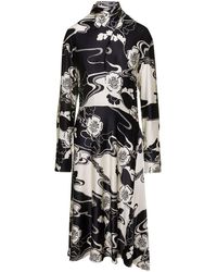 Jil Sander - Midi Black And White Floreal Printed Dress With High Neck In Viscose Blend - Lyst