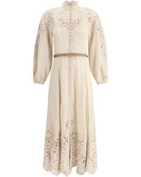 Zimmermann - Long Dress With High Neck And All-Over Embroidery - Lyst