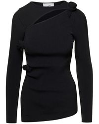 Coperni - Black Ribbed Top With Cut-out And Rose Appliques In Stretch Viscose Woman - Lyst