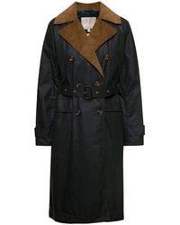Barbour - 'simone' Black Belted Trench Coat With Corduroy Revers In Waxed Cotton Woman - Lyst