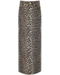 Ganni - Long Denim Skirt With Leopard Print - Lyst