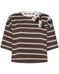 MSGM - Cotton T-Shirt With Striped Print And Floral Appliques - Lyst