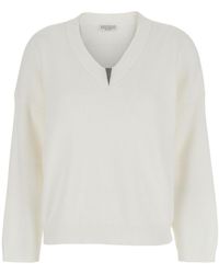 Brunello Cucinelli - Sweater With V Neck And Monile Detail On The Front - Lyst