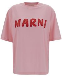 Marni - Pink Crewneck T-shirt With Logo Print In Cotton Woman - Lyst