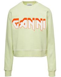 Ganni - Crewneck Sweater With Logo Print And Contrasting Stitchin - Lyst