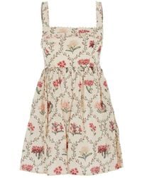 Agua Bendita - 'barbara' Multicolor Short Dress With All-over Floral Embroidery In Linen Woman - Lyst