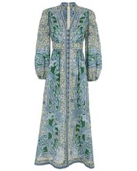 Zimmermann - Multicolor Long Dress With Floral Print In Linen Woman - Lyst
