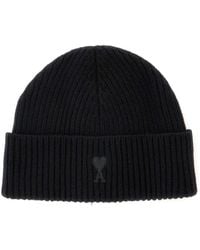 Ami Paris - Ribbed Knit Beanie With Logo Embroidery On The Front - Lyst